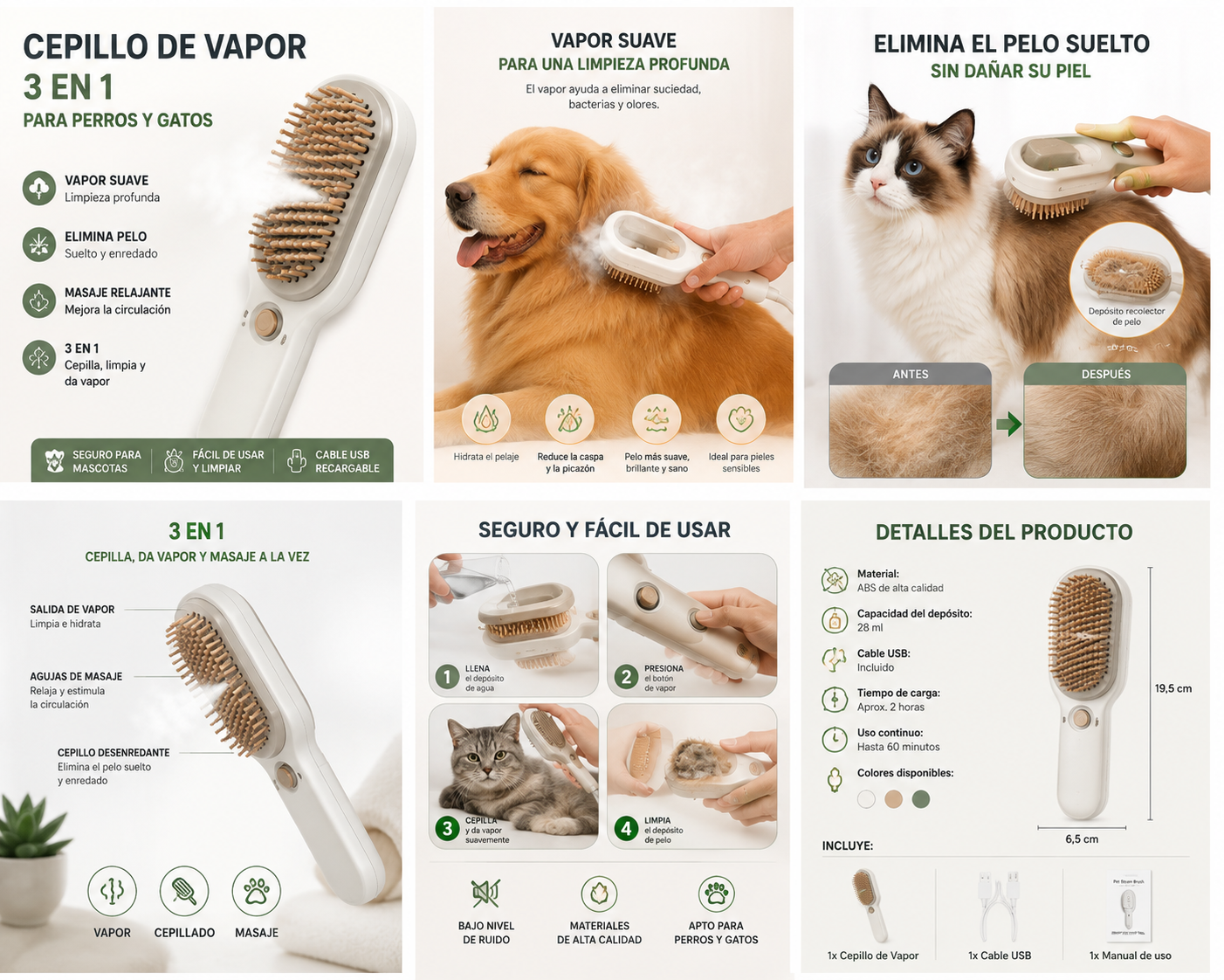 Cepillo de Vapor 3 en 1 para Perros y Gatos.